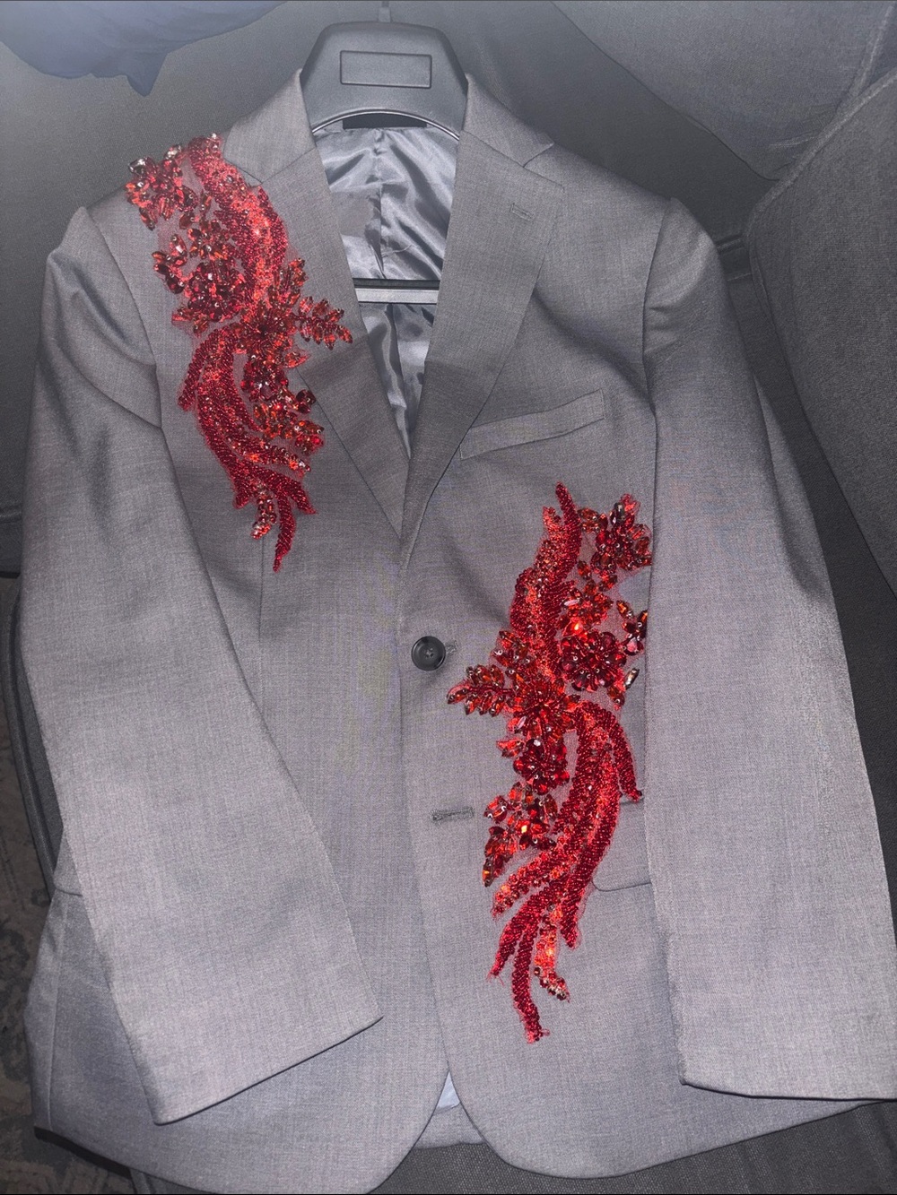 Kenneth Cole Gray Blazer with Red Sequin Appliqués Worn once